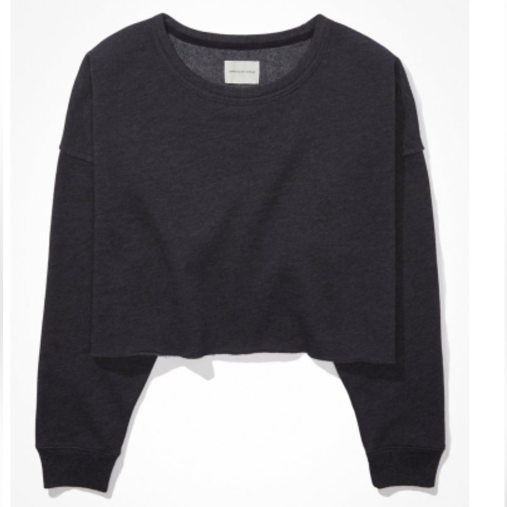 American Eagle Outfitters AE Fleece Cropped Crew Neck Sweatshirt S Washed Black